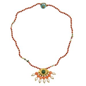 Rosary necklace with coral stones, silk thread, handcrafted evil eye pendant with cabochon stone and pearl drops, in gold-plated silver 925.
