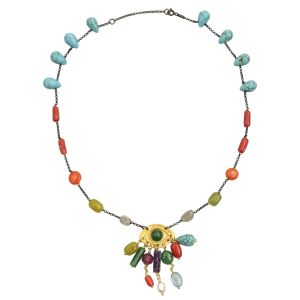 Handmade evil eye necklace in 925 gold-plated silver with jade, agate, coral, labradorite, amethyst and turquoise tear gemstones – boho luxe jewellery by Chase the Sun.