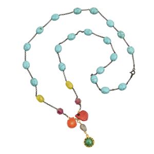 CHASE THE SUN long colourful necklace with gemstones and silver 925 gold plated bezel with round green agate stone