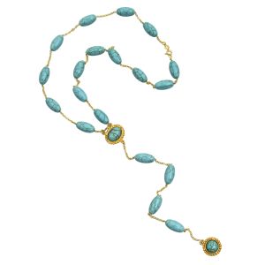 Rosario-style turquoise necklace with handcrafted gold-plated silver settings and cabochon stones.