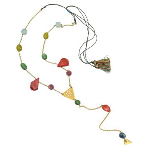 Colorful necklace with jade, agate, and coral gemstones featuring a handmade golden triangle sun charm — boho-luxe summer statement piece.