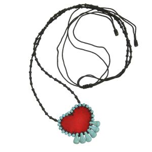 Handmade red velvet sacred heart necklace embroidered with turquoise beads and turquoise paste teardrops, on adjustable macramé cord.