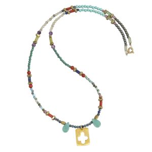 CHASE THE SUN hand crafted beaded necklace featuring a mix of semi precious gemstones and a central silver 925 gold plated pendant with a cut out cross design, flanked by two turquoise teerdrop beads
