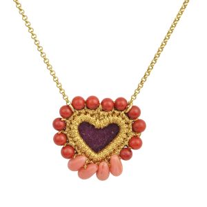 Handmade sacred heart necklace with purple velvet center, golden thread embroidery, coral beads, and coral paste teardrops, on a gold-plated 925 silver chain