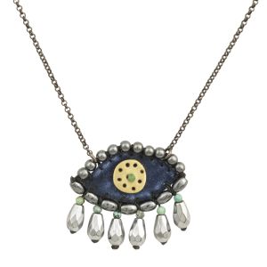 Handmade navy velvet evil eye necklace embroidered with hematite, green turquoise, silver hematite teardrops and brass circle on a rhodium-plated 925 silver chain.