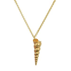 Gold-plated silver necklace with handmade spiral shell pendant — boho luxe summer jewelry inspired by the Greek sea