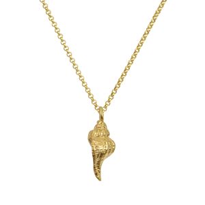 Handmade gold-plated silver necklace with sculpted conch shell pendant — a boho luxe summer piece by Chase the Sun, inspired by the Greek sea and sunshine.