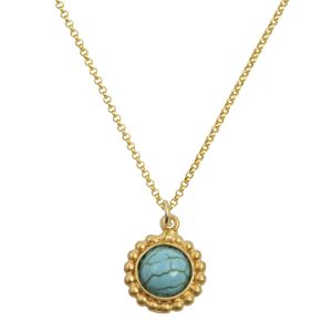 Gold plated silver 925 necklace with handmade round beaded bezel, turquoise cabochon gemstone and gold plated chain.