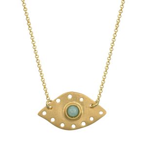 Gold plated silver 925 necklace with handmade perforated evil eye pendant, 4 mm cabochon gemstone and gold plated chain