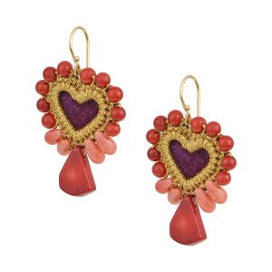 Handmade purple velvet sacred heart earrings embroidered with golden thread, coral beads, and large coral teardrops, on gold-plated 925 silver hooks.