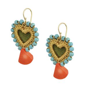 Handmade olive green velvet sacred heart earrings, embroidered with gold thread, turquoise beads, and finished with orange coral teardrops. Gold-plated 925 silver hooks.