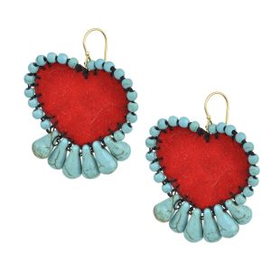 Handmade red velvet sacred heart earrings embroidered with turquoise beads, turquoise paste teardrops, on gold-plated 925 silver hooks.