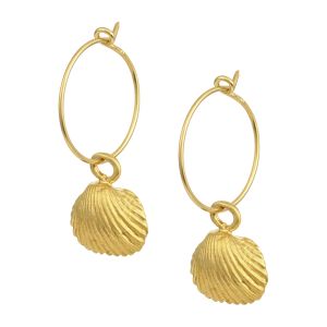 Gold-plated silver 925 hoop earrings with handmade seashell charm, cast from a real shell found on a Greek beach.