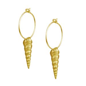 Gold-plated silver 925 hoop earrings with handmade spiral seashell charm, cast from a real shell found on a Greek beach.