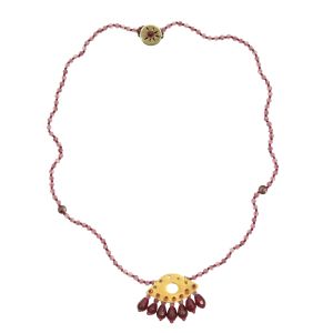 Rosary necklace with tourmaline stones, silk thread, handcrafted evil eye pendant with jade drops, and sun clasp in gold-plated silver 925.