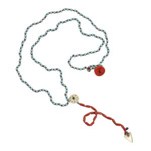 Rosario necklace with turquoise and coral beads, handmade golden circle and triangle charms — vibrant boho-luxe piece handcrafted in Greece.