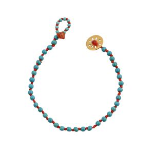 Handmade rosary bracelet with 3mm turquoise beads, hand-knotted with red cord, featuring a small perforated sun charm in 925 silver gold-plated.