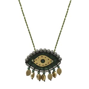 Handmade forest green velvet evil-eye necklace embroidered with hematite and jade stones, featuring a handcrafted brass eye and finished on an adjustable knotted cord.
