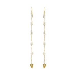 Gold-plated silver drop earrings with five freshwater cultured pearls spaced along a chain, ending in a triangular charm.