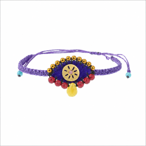 Handmade embroidered evil eye bracelet with brass sun detail, hematite, jade, limonite tear drop gemstone and adjustable macrame cord by Chase the Sun Boho Luxe Jewellery