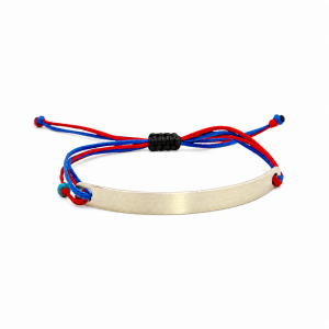 Handmade silver identity bracelet with red and blue cord and turquoise bead